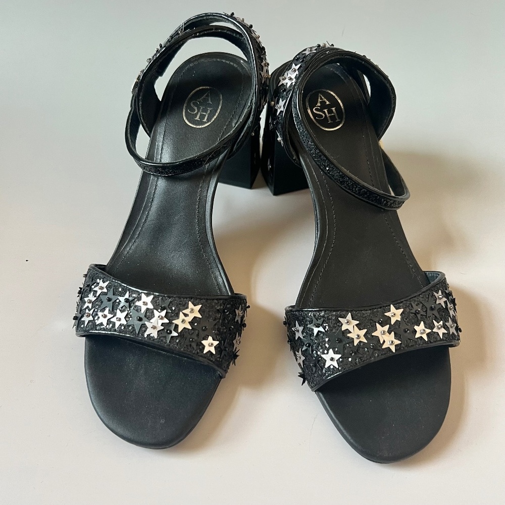 ASH Star-Studded Black and Silver Block Heel Sandals – Size 39 (US 9